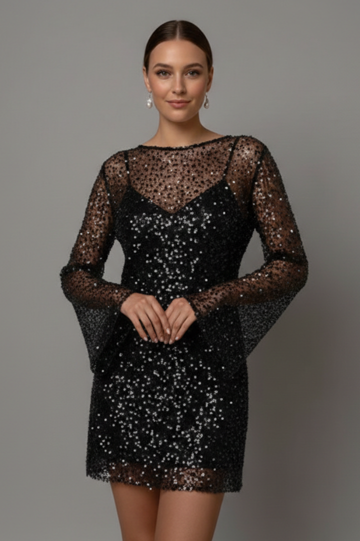 Versatile women's mini dress with a fashionable mesh overlay, perfect for an elegant and chic party look.