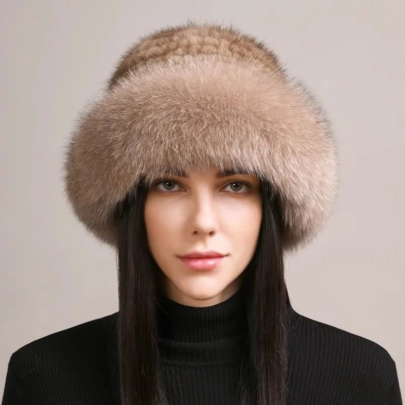 Graceful women's mink and fox fur hat, designed for both warmth and high fashion in winter