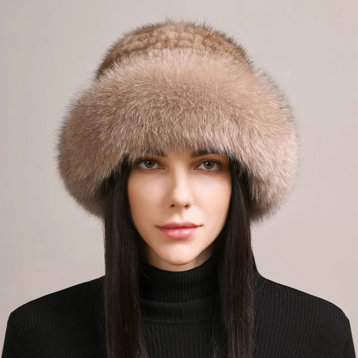 Graceful women's mink and fox fur hat, designed for both warmth and high fashion in winter