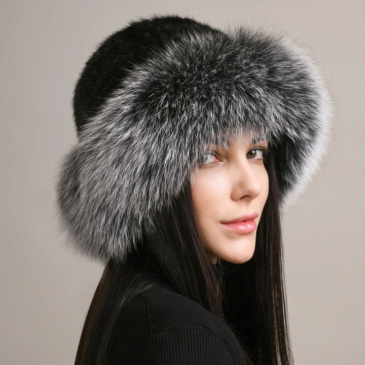 Textured women's winter hat with authentic mink and fox fur, a premium cold weather accessory