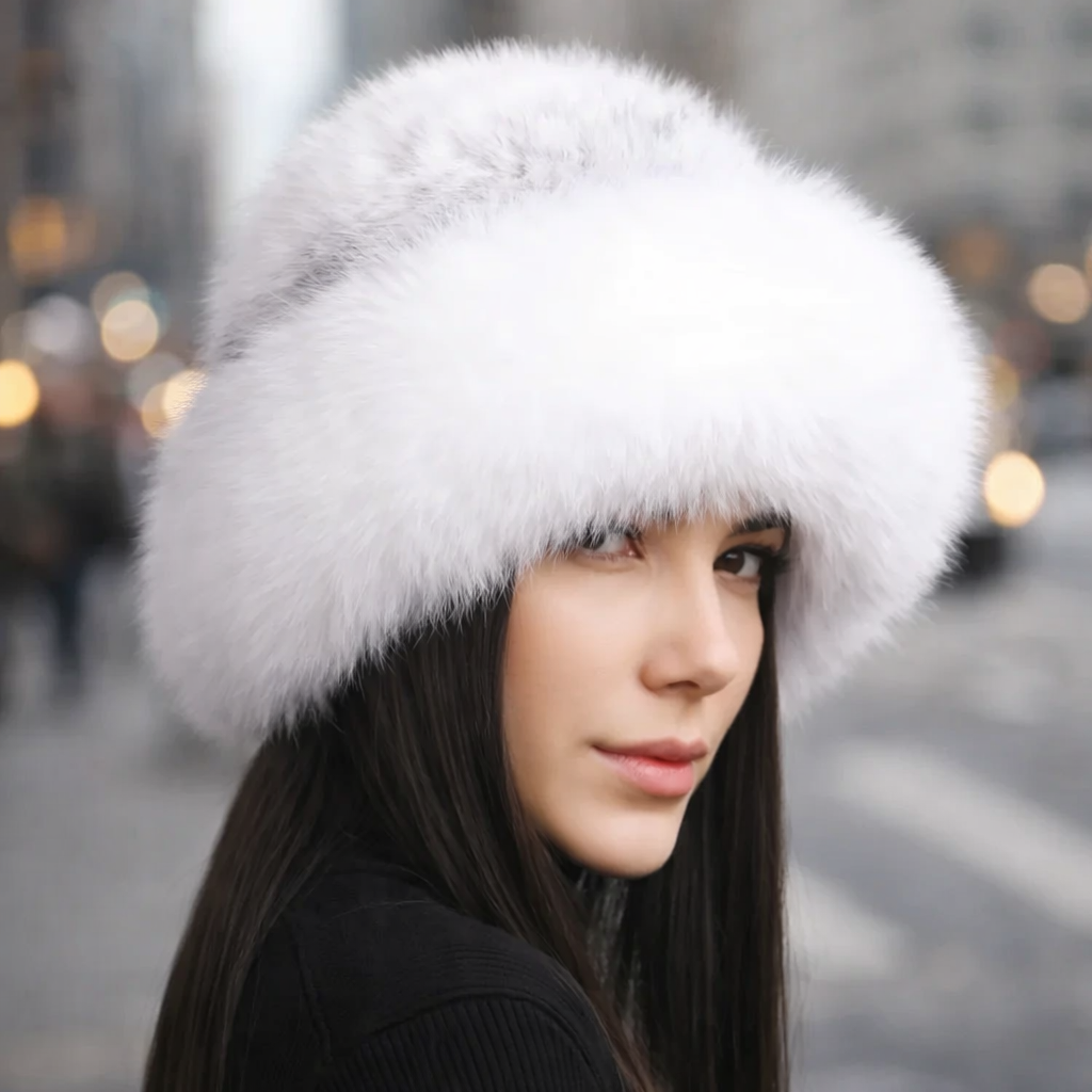 Front view of a luxurious women's mink and fox fur hat, ideal for cold weather protection