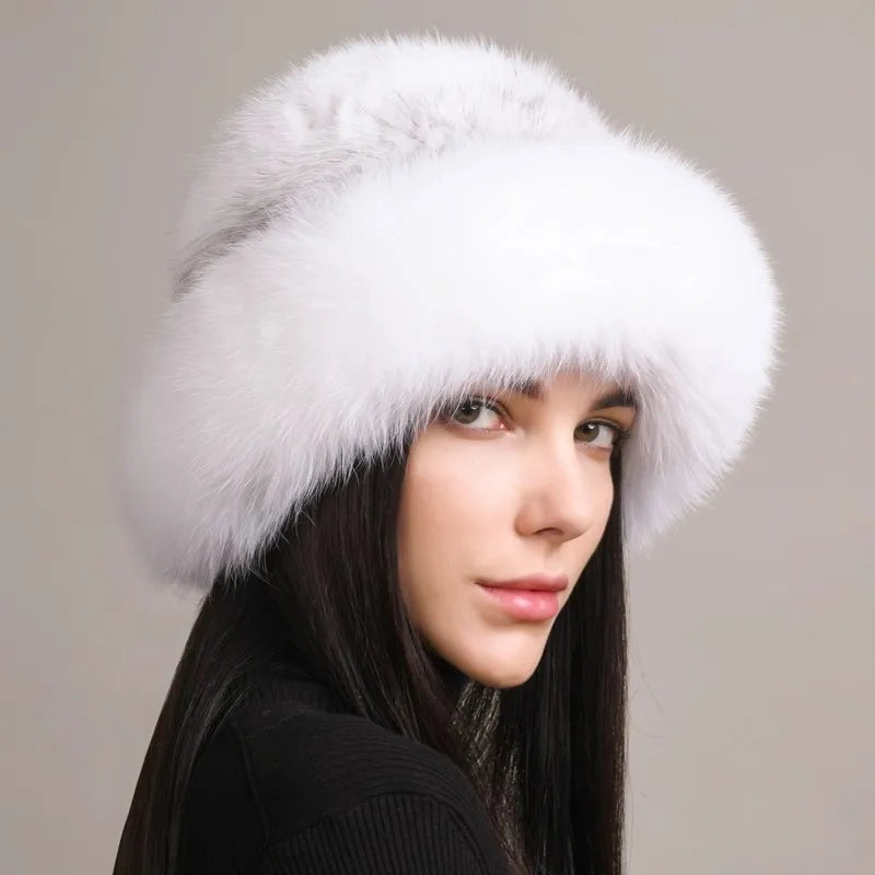 Side profile of a genuine fox and mink fur winter hat for women, a chic luxury accessory