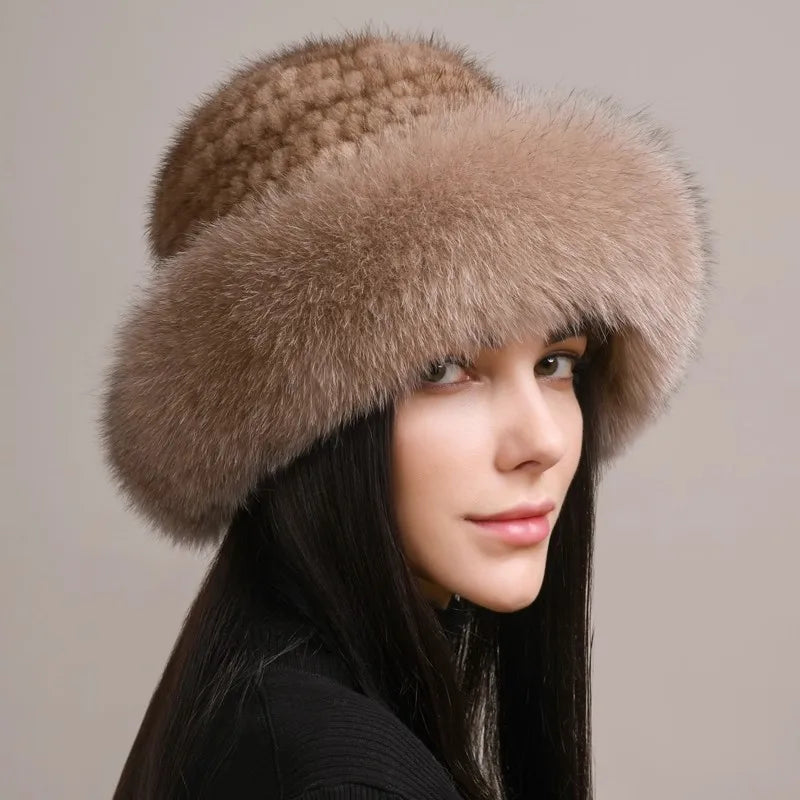 Soft, plush women's mink and fox fur hat, providing ultimate warmth for winter fashion