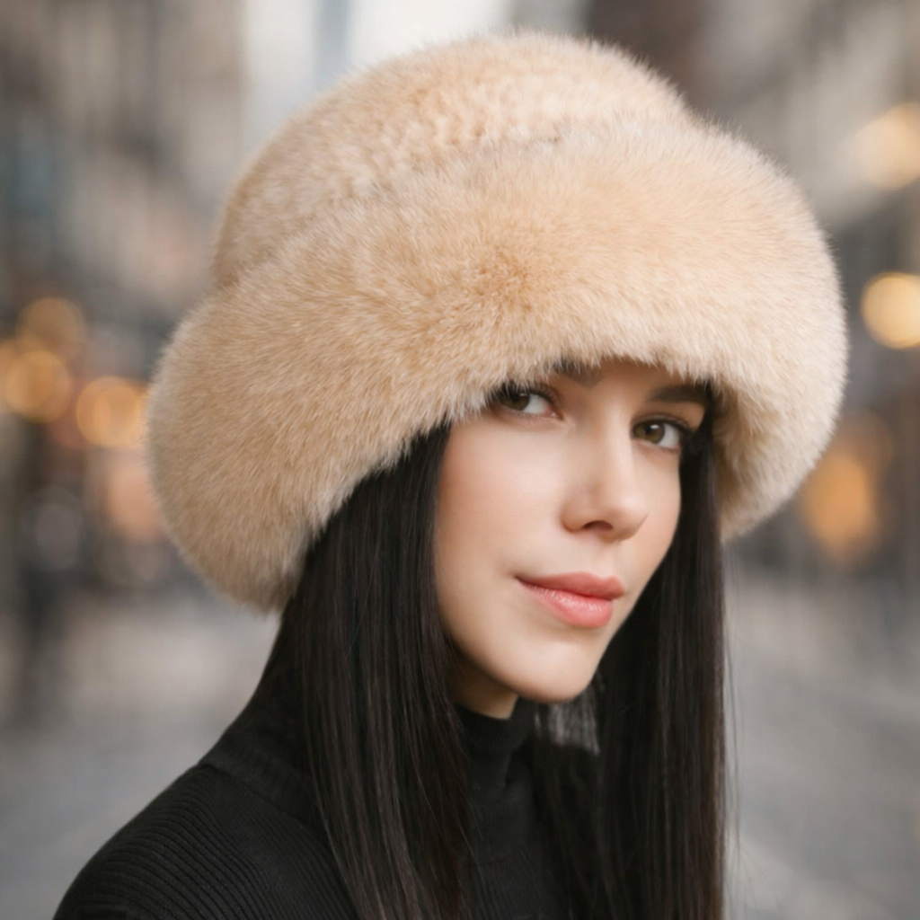 Detail shot of the genuine mink fur on a women's winter hat with fox fur accents