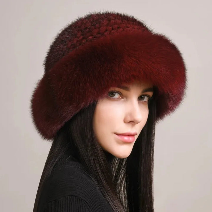 Women's warm winter hat made from luxurious genuine mink and fox fur, cold weather ready