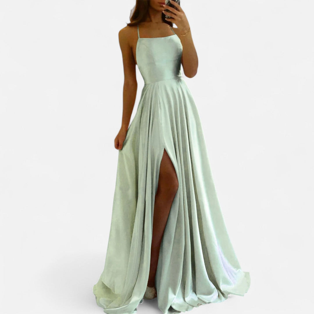 Elegant women's modern fit satin maxi dress with a thigh-high slit, perfect for formal events.