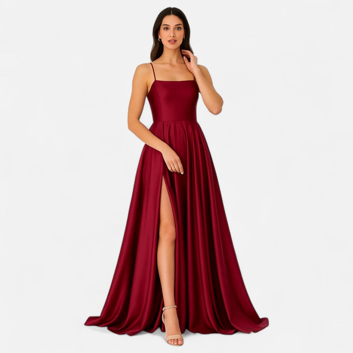 Luxurious modern fit satin slit dress for women, suitable for elegant occasions and evening wear.