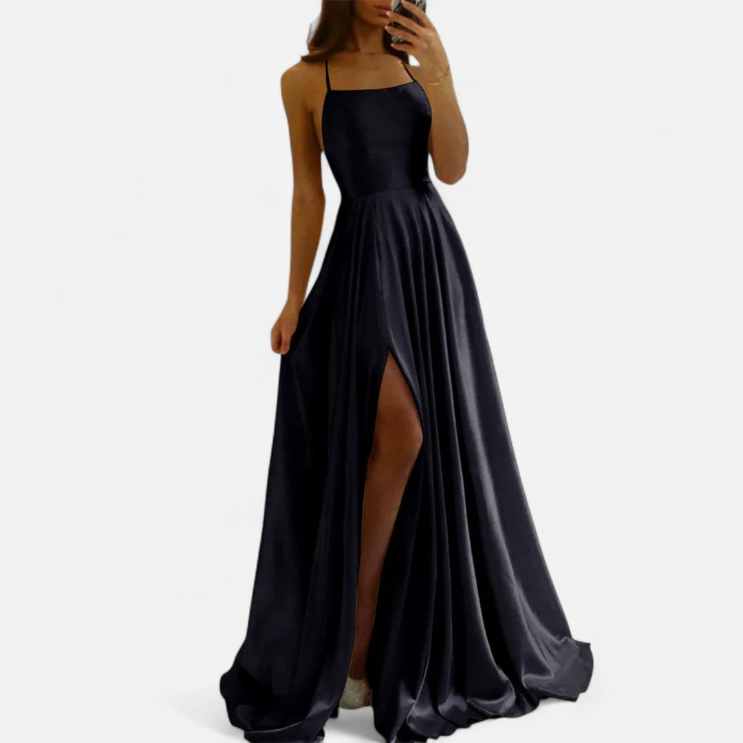 Beautiful women's satin maxi dress, modern fit with a graceful slit, for formal or wedding guest wear.