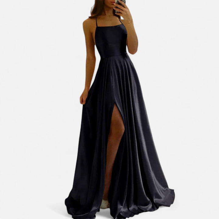 Beautiful women's satin maxi dress, modern fit with a graceful slit, for formal or wedding guest wear.