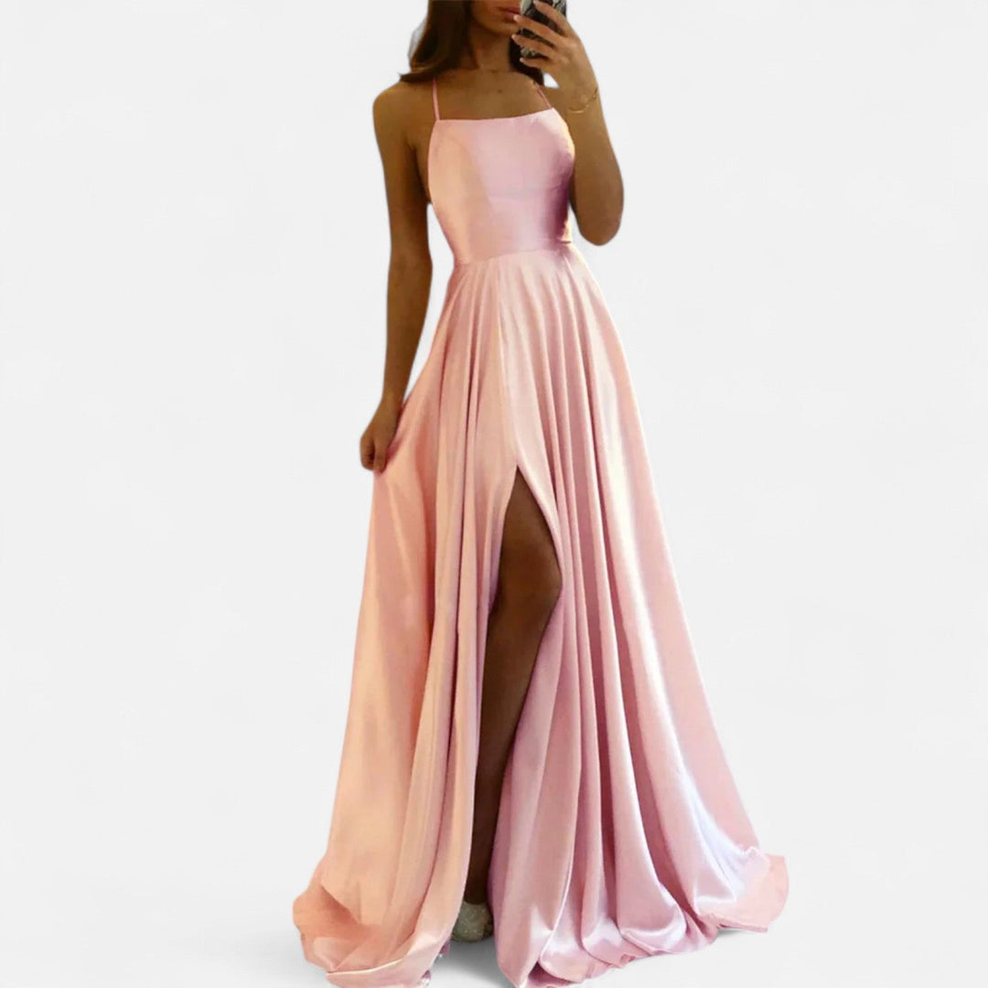 Contemporary women's formal slit dress in satin, offering an elegant fit for any special evening.
