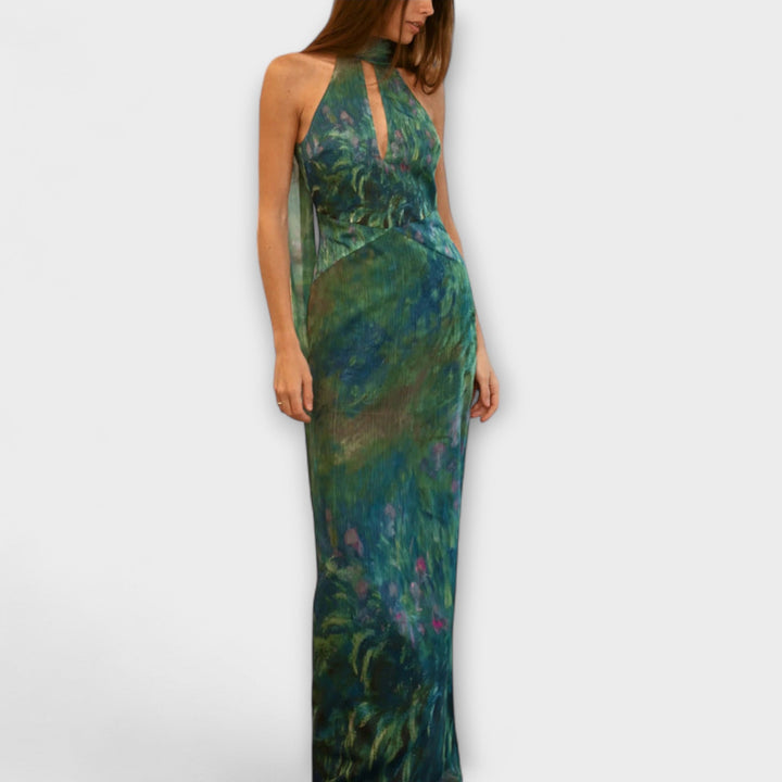 Women's high-neck Monet Iris floral print maxi dress, stylish and flowing for summer events & evening wear.