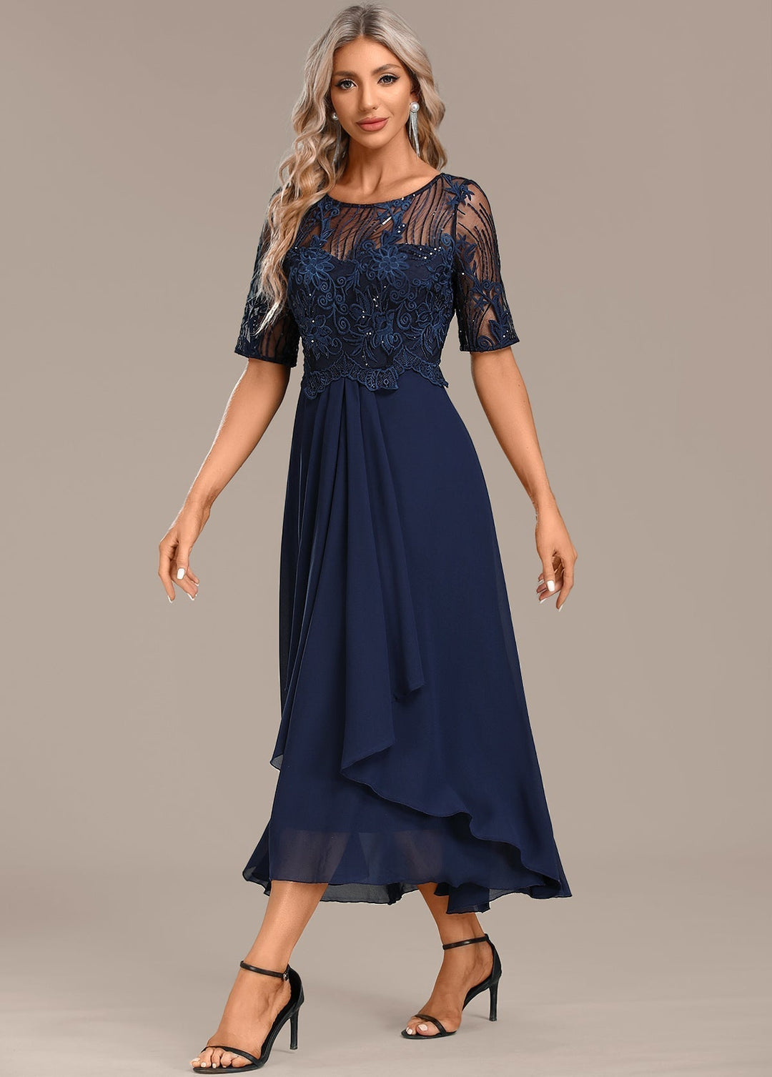 Feminine women's elegant lace panel midi dress in navy, ideal for parties, evening wear, or special occasions.