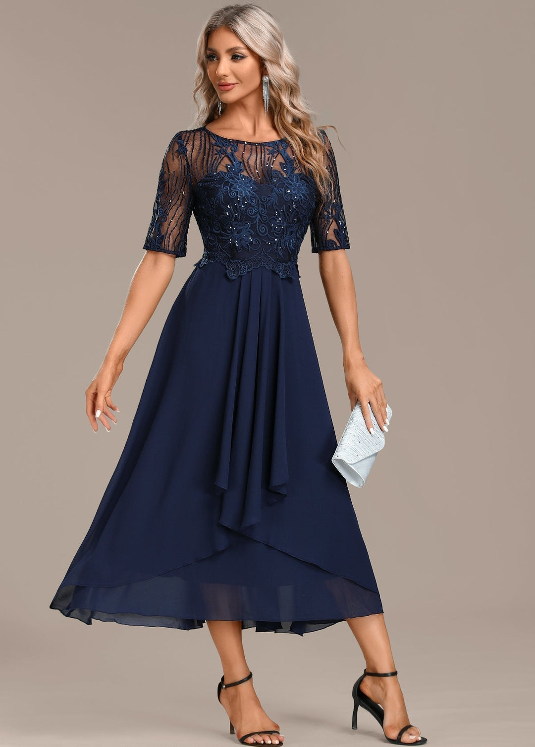 Chic women's navy lace midi dress, perfect for evening wear or special occasions, featuring a round neck.