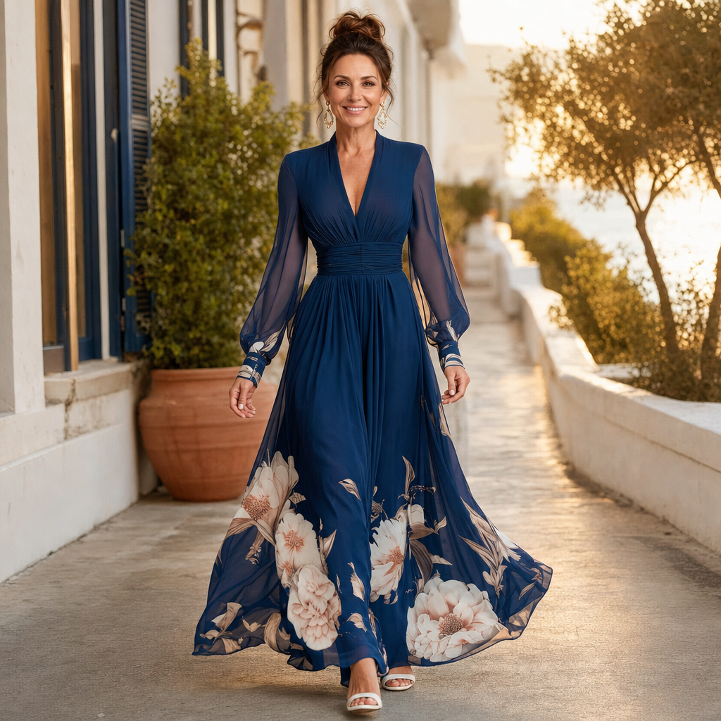 Flowing navy pleated maxi dress for women with V-neck and sheer sleeves, perfect for evening parties.