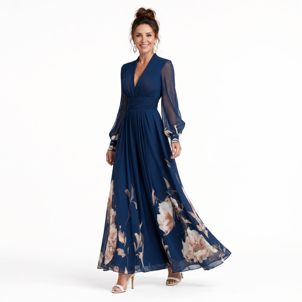 Stylish women's navy maxi dress featuring a V-neck, pleated skirt, and elegant sheer long sleeves.