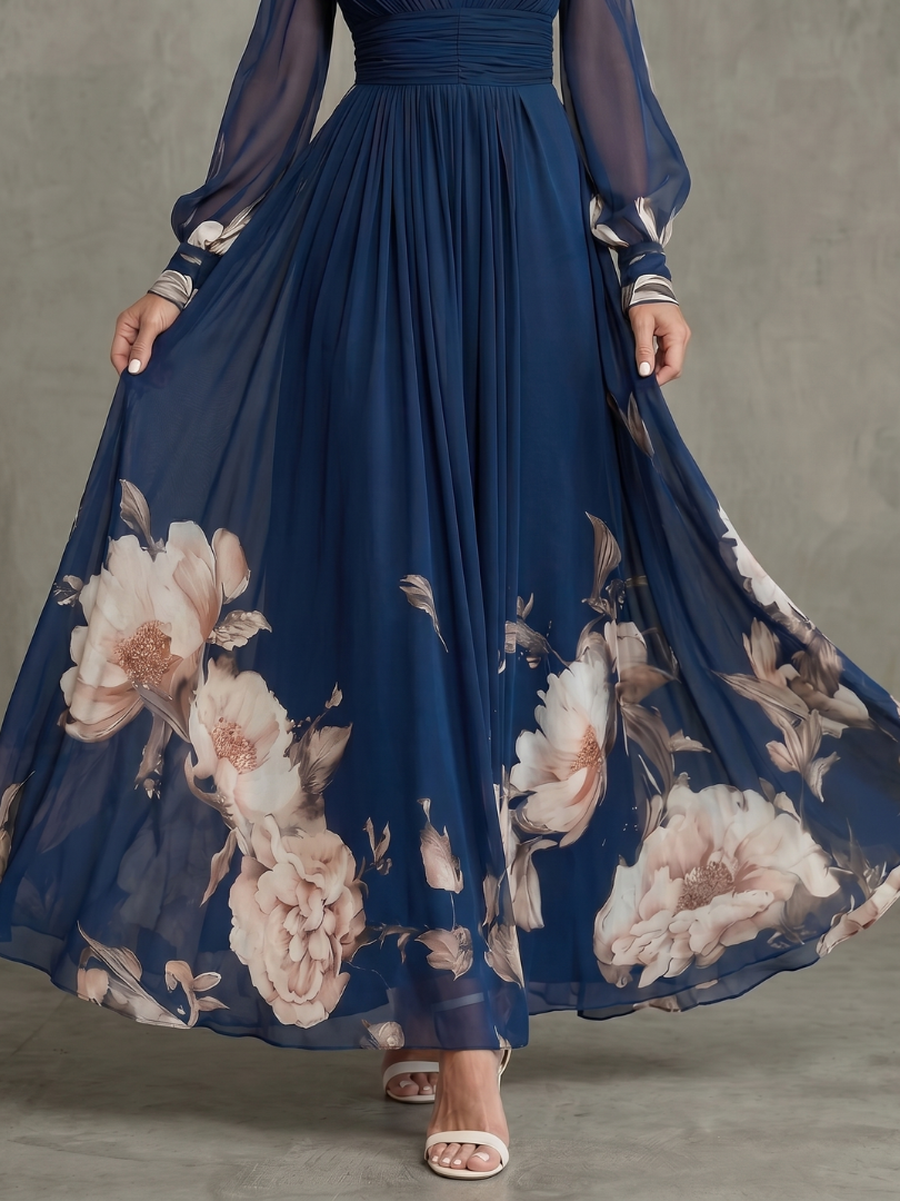 Formal women's navy V-neck pleated maxi dress with delicate sheer sleeves, great for special occasions.