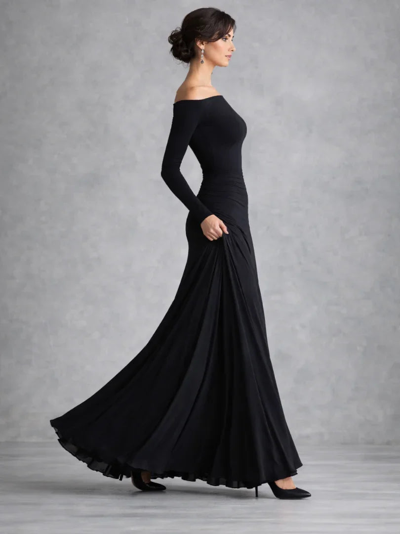 Chic women's off-shoulder long sleeve black maxi dress, a stunning formal gown for elegant parties.