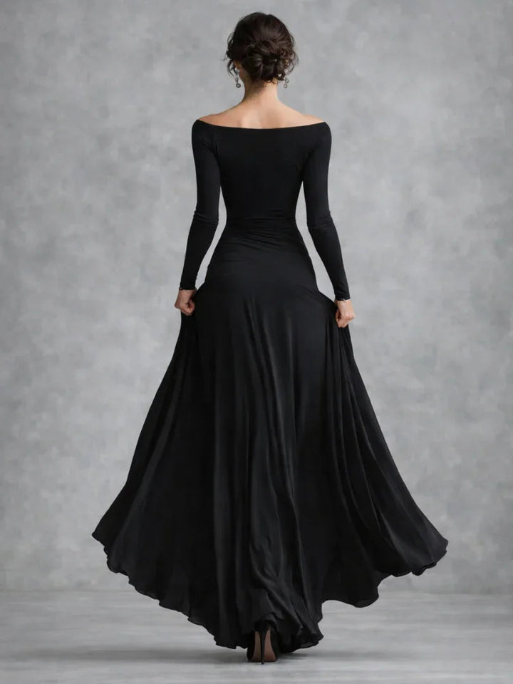 Sophisticated women's off-shoulder long sleeve maxi evening dress, ideal for any formal occasion.
