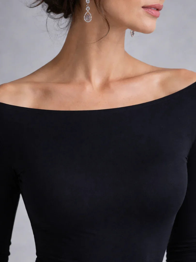 Stylish women's off-shoulder long sleeve black maxi evening dress, versatile for parties & events.