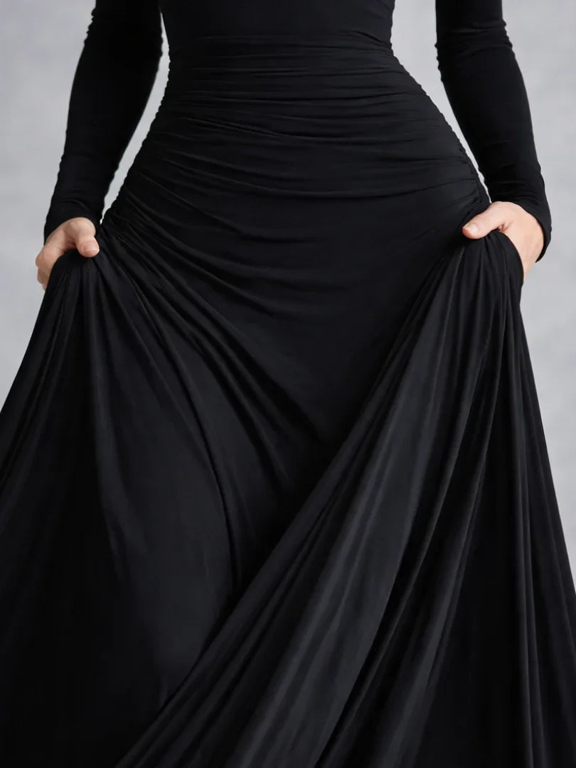 Fashionable women's off-shoulder long sleeve formal maxi dress, an elegant evening party gown.