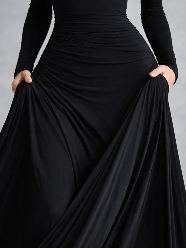 Fashionable women's off-shoulder long sleeve formal maxi dress, an elegant evening party gown.