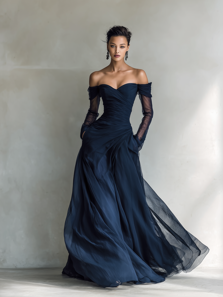 Chic formal off-shoulder maxi dress for women, an elegant choice for special occasions & evening wear.