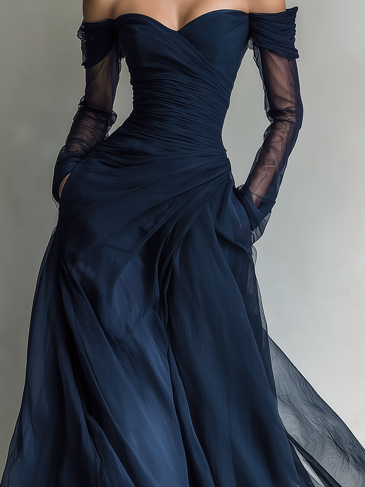 Flowing off-shoulder long sleeve maxi dress, an elegant evening gown for women, perfect for events.