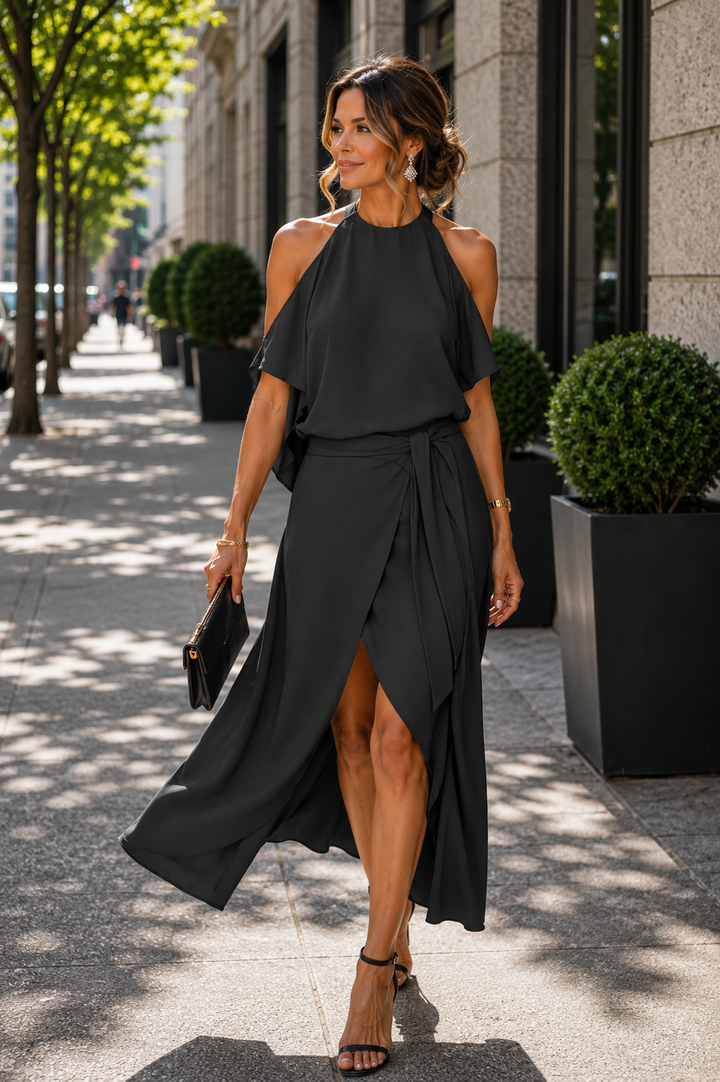 Formal women's off-shoulder midi dress, an elegant choice for evening events, parties, or summer special occasions.