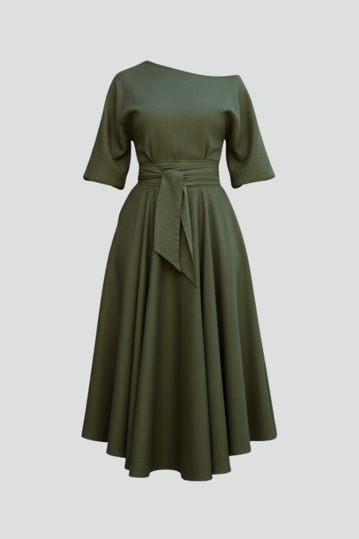 Elegant women's off-shoulder midi dress with chic lantern sleeves, perfect for evening or cocktail events.