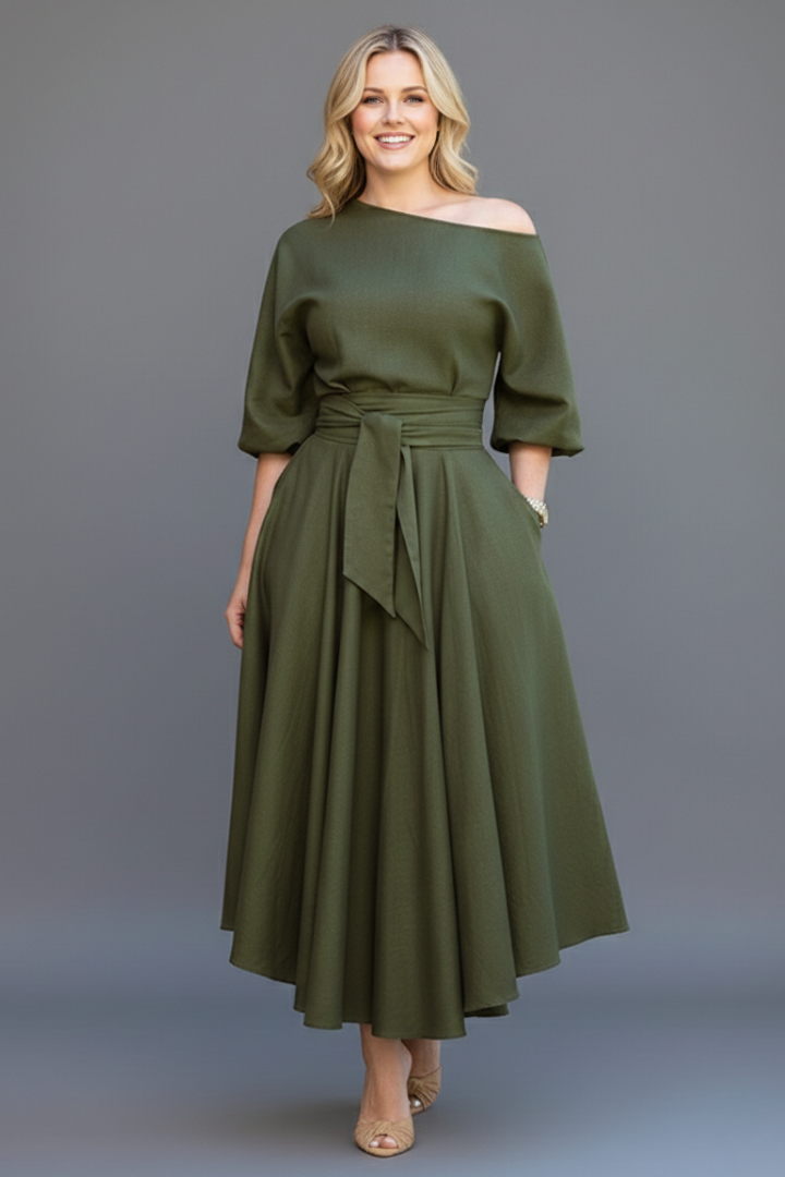 Stylish women's party midi dress featuring an off-shoulder neckline and flattering lantern sleeves for formal wear.
