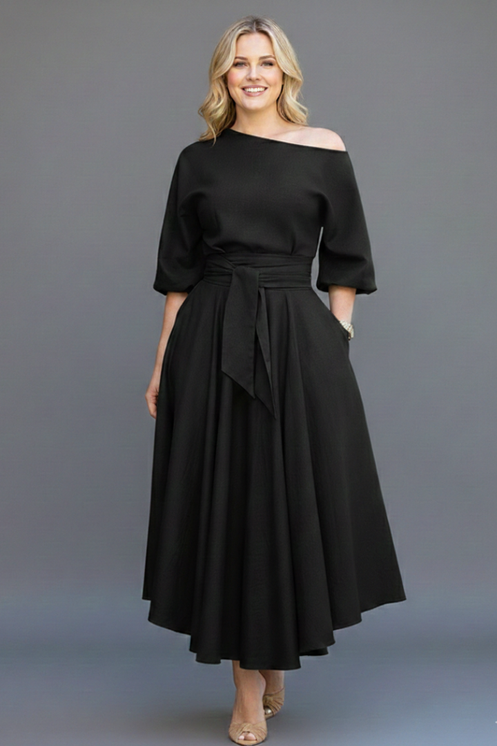 Chic off-shoulder midi dress for women, with voluminous lantern sleeves and a defined waist, ideal for parties.