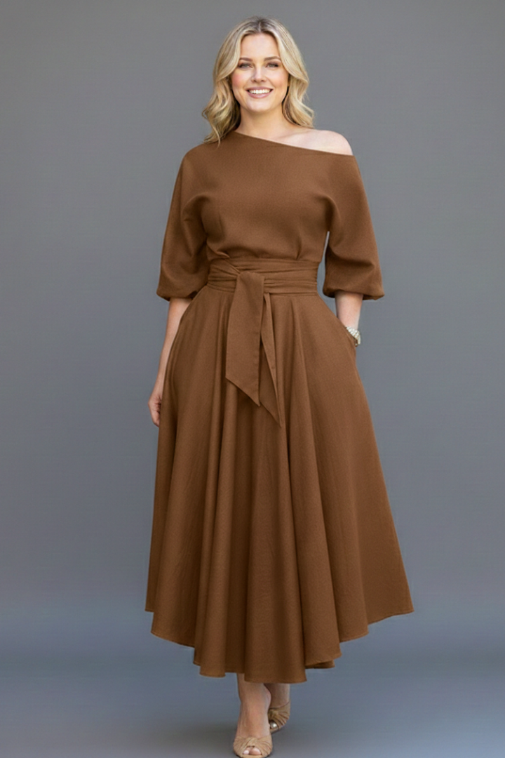 Flattering women's elegant midi dress, off-shoulder design with stylish lantern sleeves, suitable for evening.