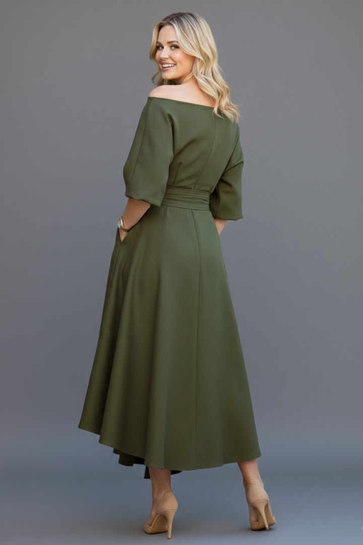 Women's cocktail off-shoulder midi dress with sophisticated lantern sleeves; a chic choice for any party.