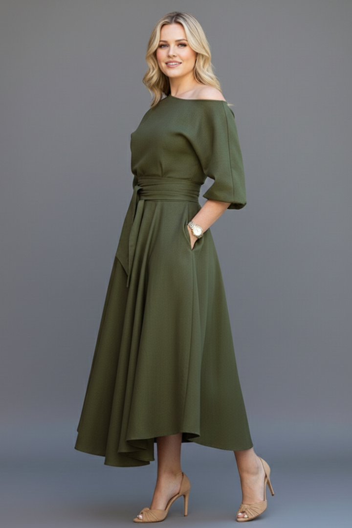 Stylish off-shoulder women's midi dress featuring elegant lantern sleeves and a flattering, defined waist.