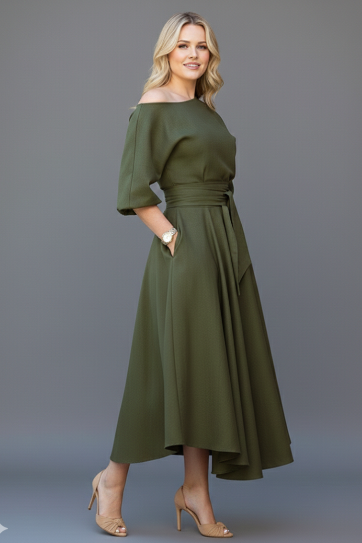 Elegant women's midi dress with an alluring off-shoulder cut and dramatic lantern sleeves, perfect for events.