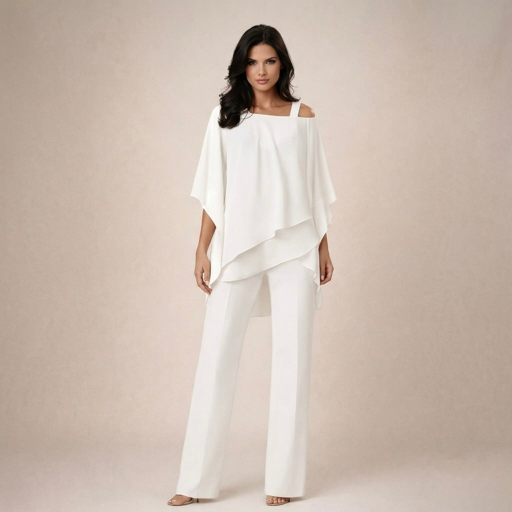 Elegant women's off shoulder top & wide leg pants matching set. Perfect two-piece summer fashion, relaxed fit.