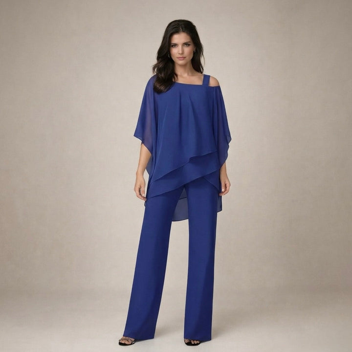 Soft fabric women's off shoulder top & wide leg pants set. Comfortable, elegant two-piece for casual chic style.