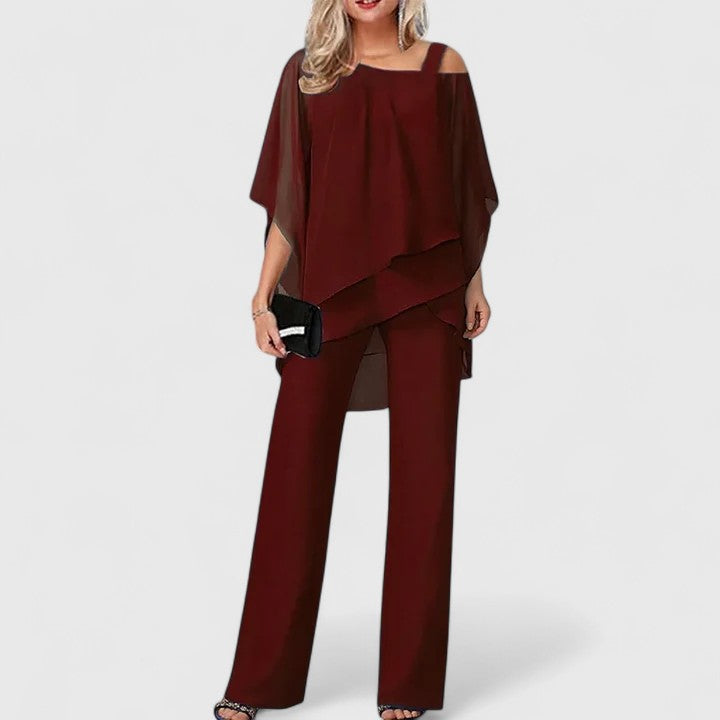 Elegant women's off-shoulder two-piece set with wide-leg pants, perfect for formal events & evening wear.