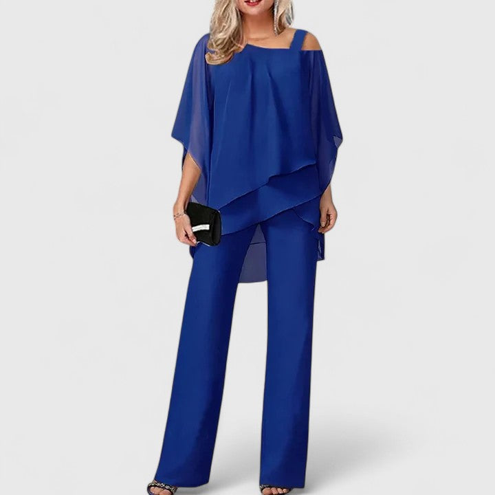 Women's matching off-shoulder cape top & wide-leg pants set, ideal for galas, parties, or wedding guests.