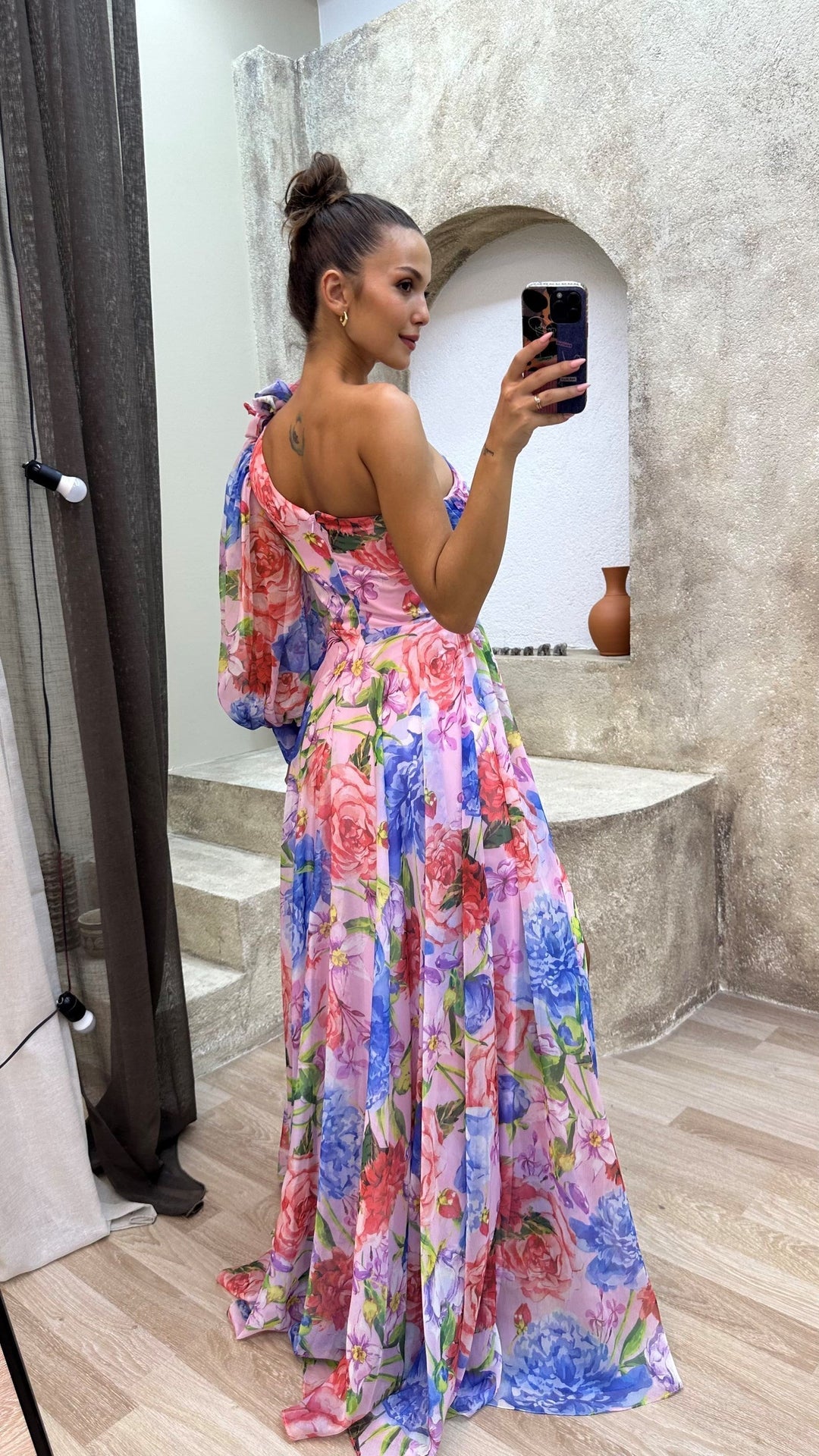 Women's elegant one-shoulder floral maxi dress with a high split, perfect for summer & resort style.