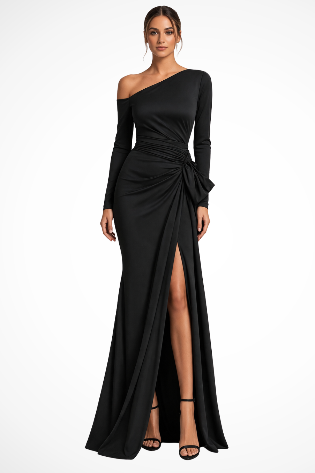 Elegant women's one-shoulder maxi dress with a sophisticated slit, perfect for evening parties & black-tie events.