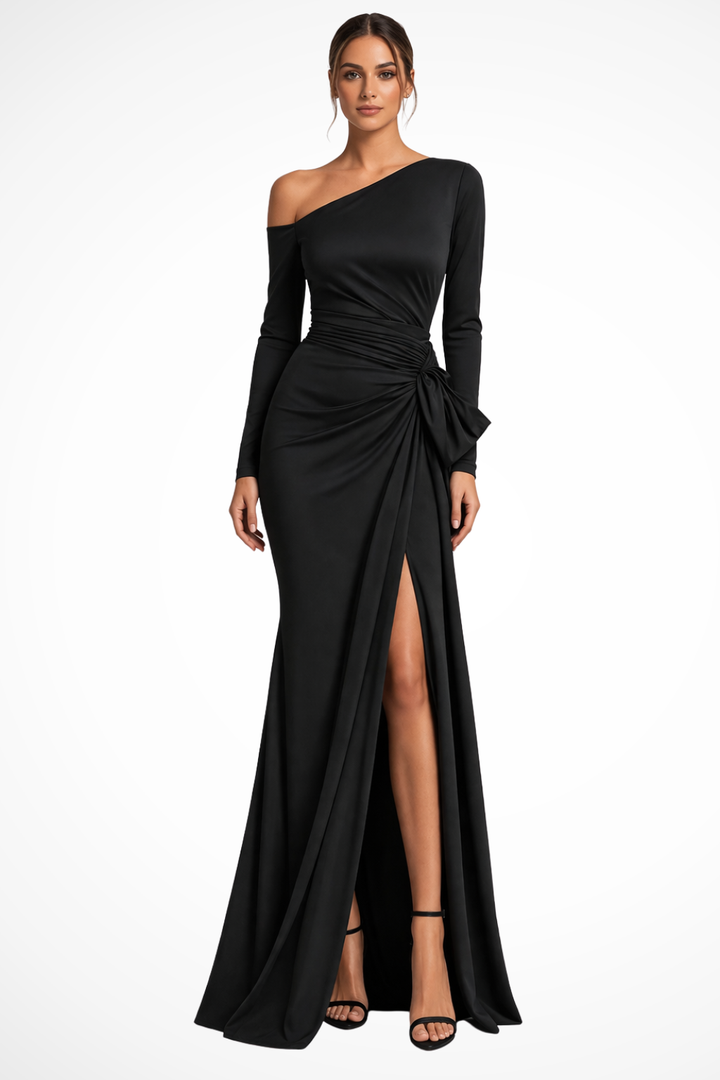 Elegant women's one-shoulder maxi dress with a sophisticated slit, perfect for evening parties & black-tie events.