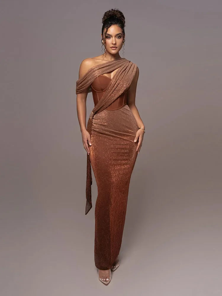 Elegant women's one-shoulder metallic evening dress, perfect for a formal event or party, close-up