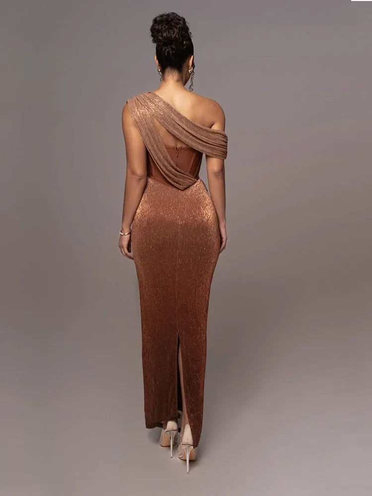 Stunning one-shoulder metallic formal gown for women, showcasing shimmery fabric and elegant design