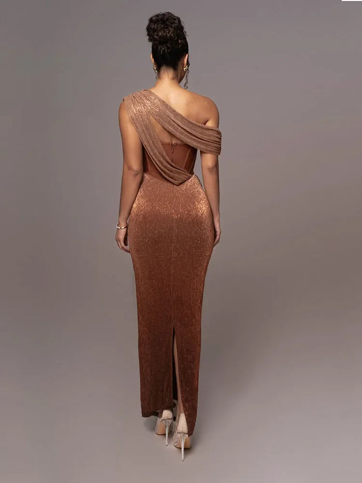 Stunning one-shoulder metallic formal gown for women, showcasing shimmery fabric and elegant design