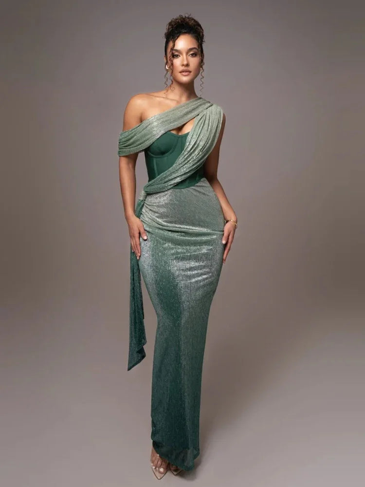 Sophisticated women's one-shoulder evening dress in metallic fabric, ideal for special occasions