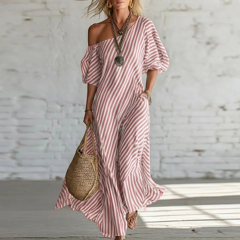 Elegant women's one-shoulder midi dress with puff sleeve, perfect for summer casual or statement fashion.