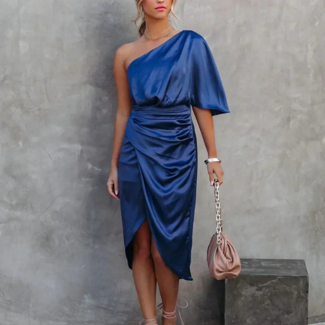 Elegant women's one-shoulder midi dress with ruched waist, ideal for evening, cocktail, and party events.