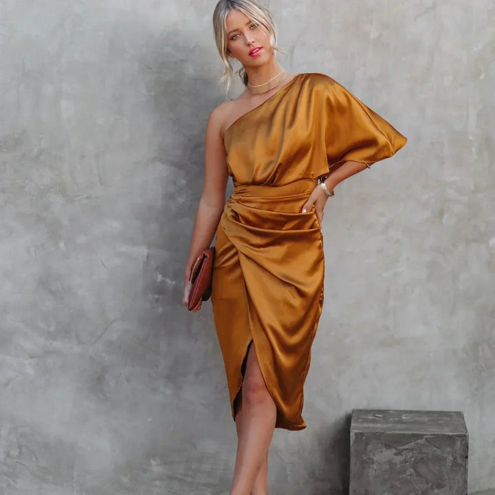 Chic formal midi dress for women with a single shoulder design and stylish ruched waist detail.