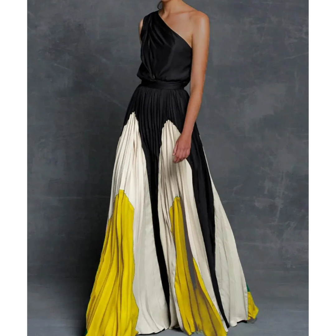 Elegant women's one shoulder pleated long dress, artistic evening gown perfect for formal events.